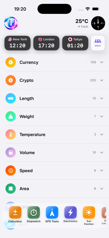 UltraConvert home screen with world clocks, categories and the tool dock