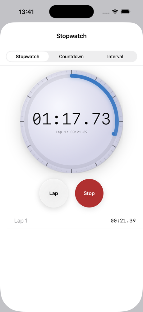 Stopwatch running at one minute seventeen seconds with a recorded lap