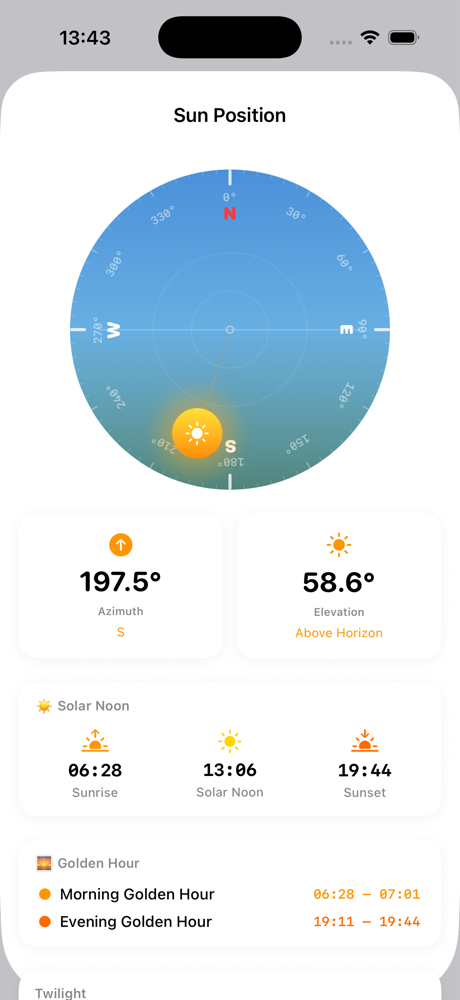 Sun position dome showing azimuth, elevation, sunrise, solar noon, sunset and golden hour