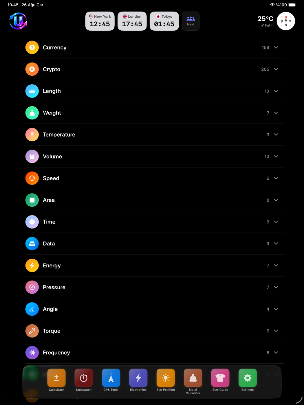 UltraConvert on iPad with the full category list and a centred tool dock