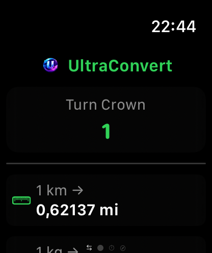 UltraConvert on Apple Watch converting one kilometre to miles with the Digital Crown
